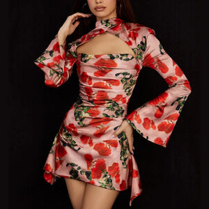 ZARA Sexy Cutout Floral Print Boat Neck Qipao Dress
